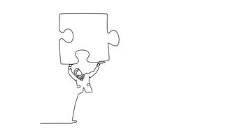 Animated self drawing of continuous line draw businessman partner connect jigsaw puzzle. Partnership working together for success. Teamwork or unity to cooperate target. Full length one line animation video