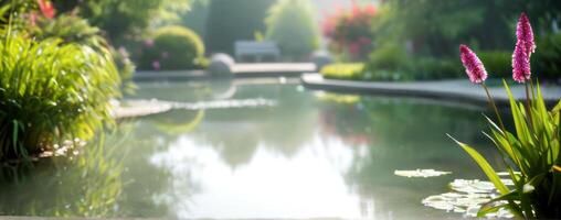 A pond surrounded by plants and flowers photo