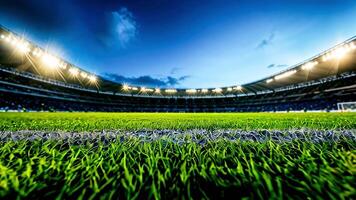 een groot leeg Amerikaans voetbal toonhoogte met gras Bij de stadion, met helder verlichting masten en een blauw lucht met wolken overhead video