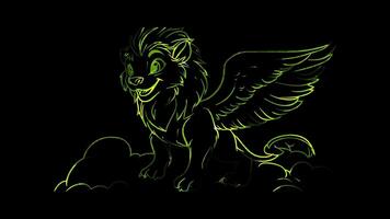 Neon frame effect, griffin with a lion body and an eagle wings, smiling and perched on a cloud on black background video