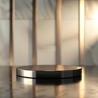 An empty black round table on a table photo