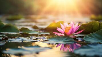 loto flor en agua cubierto por puesta de sol ligero foto