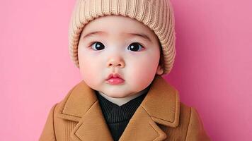 adorabile asiatico bambino nel un' inverno cappotto e maglia cappello contro un' rosa sfondo, Perfetto per Natale o san valentino giorno a tema soddisfare video