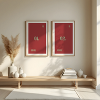 Two framed posters on a wall in a room psd