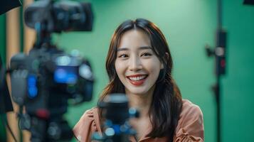 Smiling Asian Woman Recording Online Training Session with Pop Art Aesthetic photo