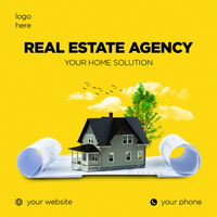 Manipulation of yellow real estate agency social media post design web banner template, small house on paper with tree birds and clouds psd