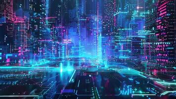 futuriste paysage urbain avec vibrant néon lumières et numérique technologie, création un immersif cyberpunk atmosphère. video
