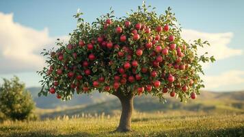 un pintoresco manzana árbol cargado con maduro rojo frutas en un sereno rural paisaje durante el dorado hora foto