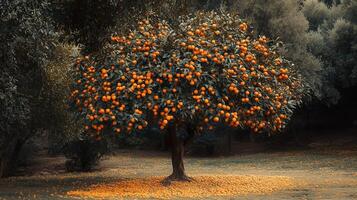 un vibrante naranja árbol cargado con Fruta en un tranquilo huerta durante el tarde luz, rodeado por lozano verdor y suave oscuridad foto