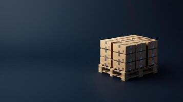 Stacked cardboard boxes on a wooden pallet against a dark background in a warehouse setting photo