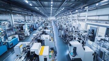 dentro un moderno fabricación instalaciones exhibiendo avanzado maquinaria y automatizado sistemas para producción eficiencia foto