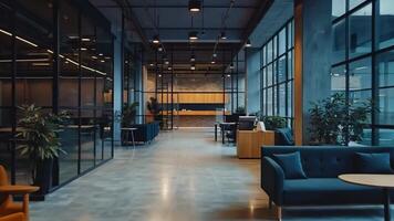 A large open plan office space with blue couches and tables video