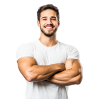 souriant homme avec franchi bras dans décontractée tenue transparent png