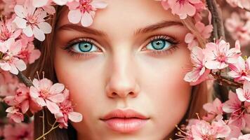 uma mulher com azul olhos e Rosa flores dentro dela cabelo video