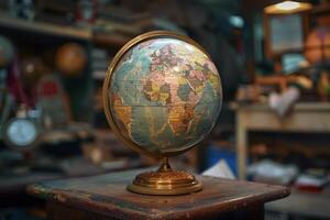 Old globe showing africa and europe standing on table in antique shop photo