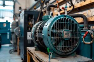 Powerful electric motor standing in industrial workshop photo
