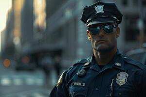 American police officer guarding city street wearing sunglasses photo