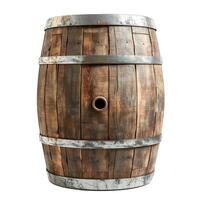 Old wooden barrel with metal rings standing on white background photo