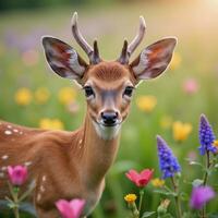 Watercolor image featuring a deer surrounded by blooming flowers photo