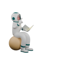 männlich Fachmann Astronaut. ein männlich Astronaut sitzt auf das Mond mit seine richtig Hand zeigen oben und seine links Hand halten ein Buch. Raum png