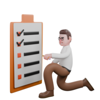 Soziologe Täglich Feldarbeit im 3d. ein männlich Soziologe kniet im Vorderseite von ein groß Zwischenablage mit ein Checkliste und ein Stift im seine links Hand. männlich Karikatur png
