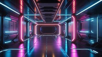futuriste néon allumé science-fiction couloir dans espace gare. une vivement allumé, haute technologie science-fiction couloir illuminé par néon rose et bleu lumières dans une futuriste espace gare. video