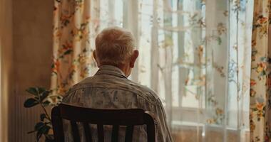 zurück Aussicht von einsam Senior Mann Sitzung beim Zuhause und suchen beim das Fenster im Leben Zimmer video