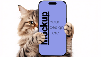 A mockup of a phone in the paws of a gray striped cat psd