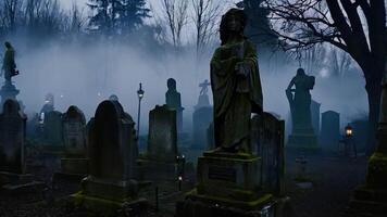 hanté cimetière scène. vacillant lanternes et roulant brouillard en dessous de une foncé ciel video