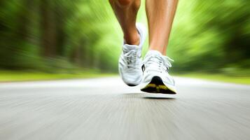 Running on scenic path, person in white athletic shoes showcases speed and determination. blurred background emphasizes motion and energy, creating inspiring atmosphere for fitness enthusiasts photo