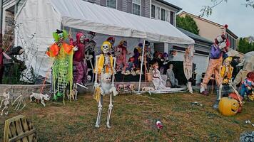 chicago Illinois 17.10.2024 en detaljerad halloween gård visa terar färgrik clowner, skelett, och läskigt dekorationer, skapande en festlig och kusligt atmosfär för trick-or-treaters. video
