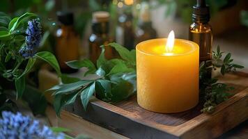 un' candela è circondato di fiori e erbe aromatiche video