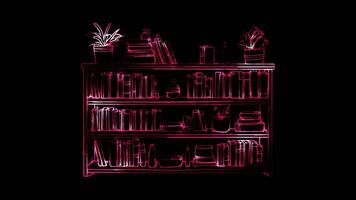 Neon frame effect, Bookshelf Represents organizing family books and materials on black background video