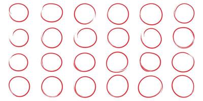 Handwritten Red round circles set. Pen or marker doodle scribble, pencil borders, grunge ovals, line frame i trendy hand drawn style. Isolated illustration vector