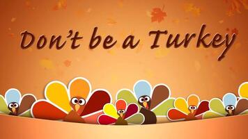 Don't be a Turkey Give Thanks 4K Loop features animated turkeys along the bottom of the screen with leaves falling in the background and an animated message in a loop. video