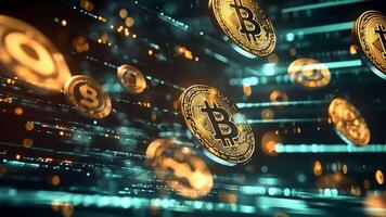 crypto-monnaie investissement bitcoin pièces de monnaie couler par cyberespace, représentant le futur de la finance et en ligne transactions video