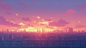 An anime style city skyline at sunset, with clouds drifting across the sky in a looped animation. video