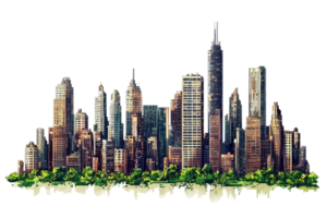 artístico ilustración de un moderno urbano ciudad horizonte con imponente rascacielos y verdor, representando metropolitano arquitectura y ciudad vida. png