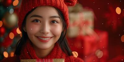A woman wearing a red hat and scarf, holding a present photo