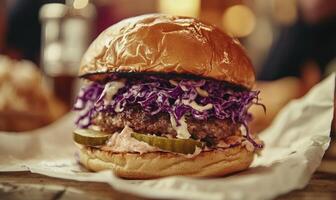 A burger with coleslaw on it is sitting on a napkin photo