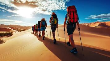 A group of people with backpacks walking through the desert video