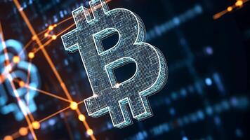 filaire bitcoin symbole dans une numérique réseau, illustrant blockchain La technologie et le futuriste paysage de crypto-monnaie et virtuel la finance video