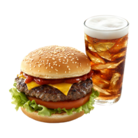 Hamburguer de queijo com fritas e uma frio bebida isolado em transparente fundo. png