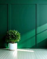Green wall with potted plant in a white pot photo