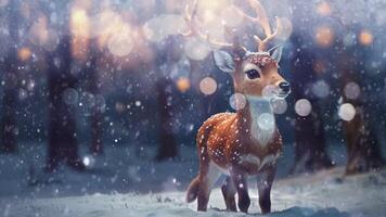 een majestueus hert met gewei staat in een besneeuwd Woud, verlichte door zacht licht. de tafereel is sereen en boeiend, markeren de schoonheid van dieren in het wild in een winter instelling video