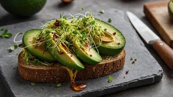 A healthy avocado toast topped with sprouts and drizzled with sauce on a slate surface. photo