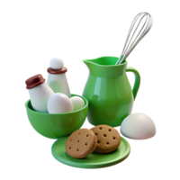 Grün Küche immer noch Leben mit Milch, Eier, Kekse, und Schneebesen png