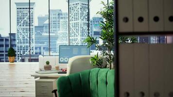 Empty modern office setup with advanced technology enhances productivity, helping professionals focus on financial strategies, performance metrics and global business objectives. video