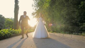 mariage couple en marchant pendant d'or heure dans une scénique jardin. une mariage couple des promenades ensemble, illuminé par le d'or heure lumière du soleil. video