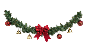 vert Noël guirlande avec or cloches dans le milieu avec rouge ruban et arc et autre décoration isoler sur transparent Contexte png